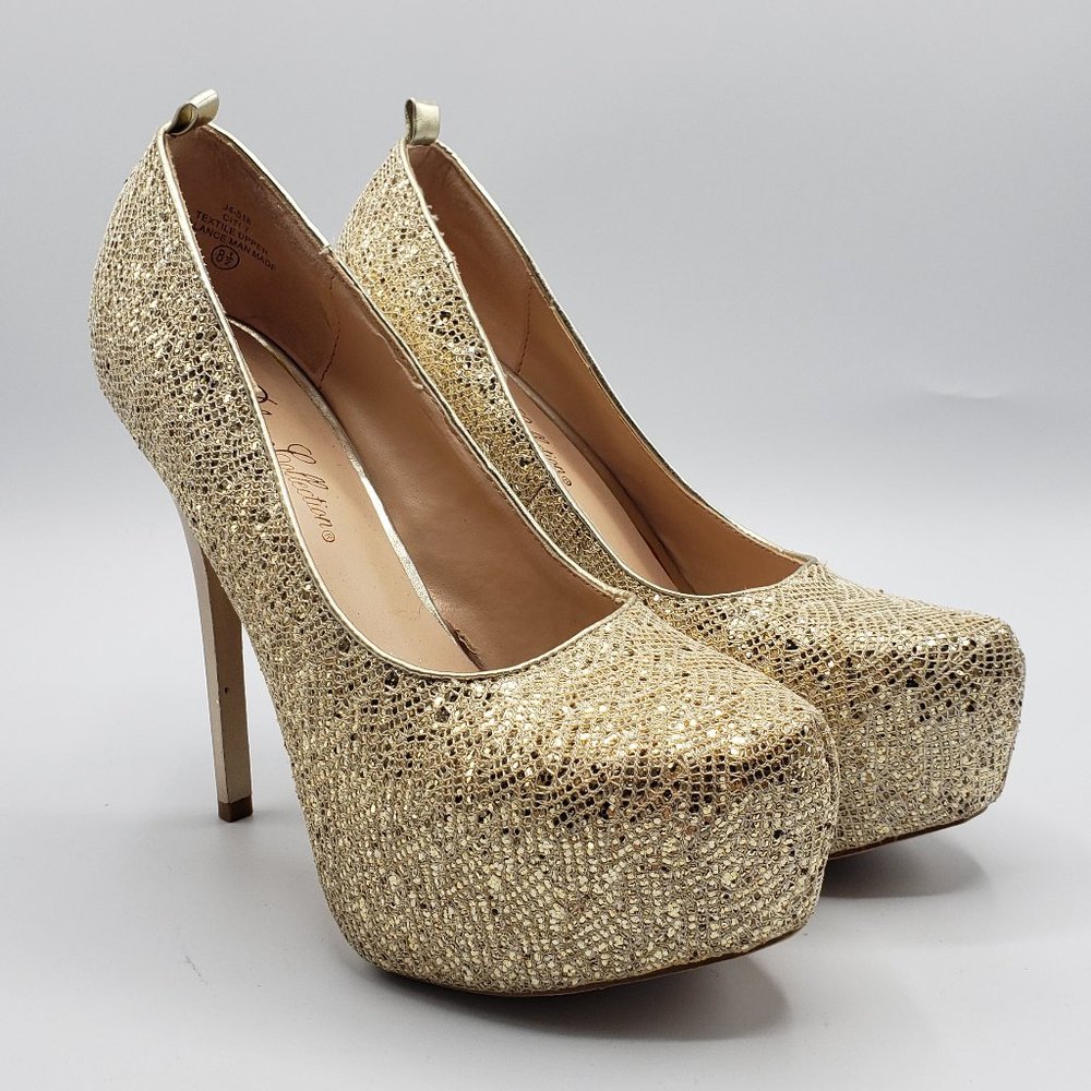 De Blossom Collection High Heel Platform Shoes Gold Metallic Sparkles